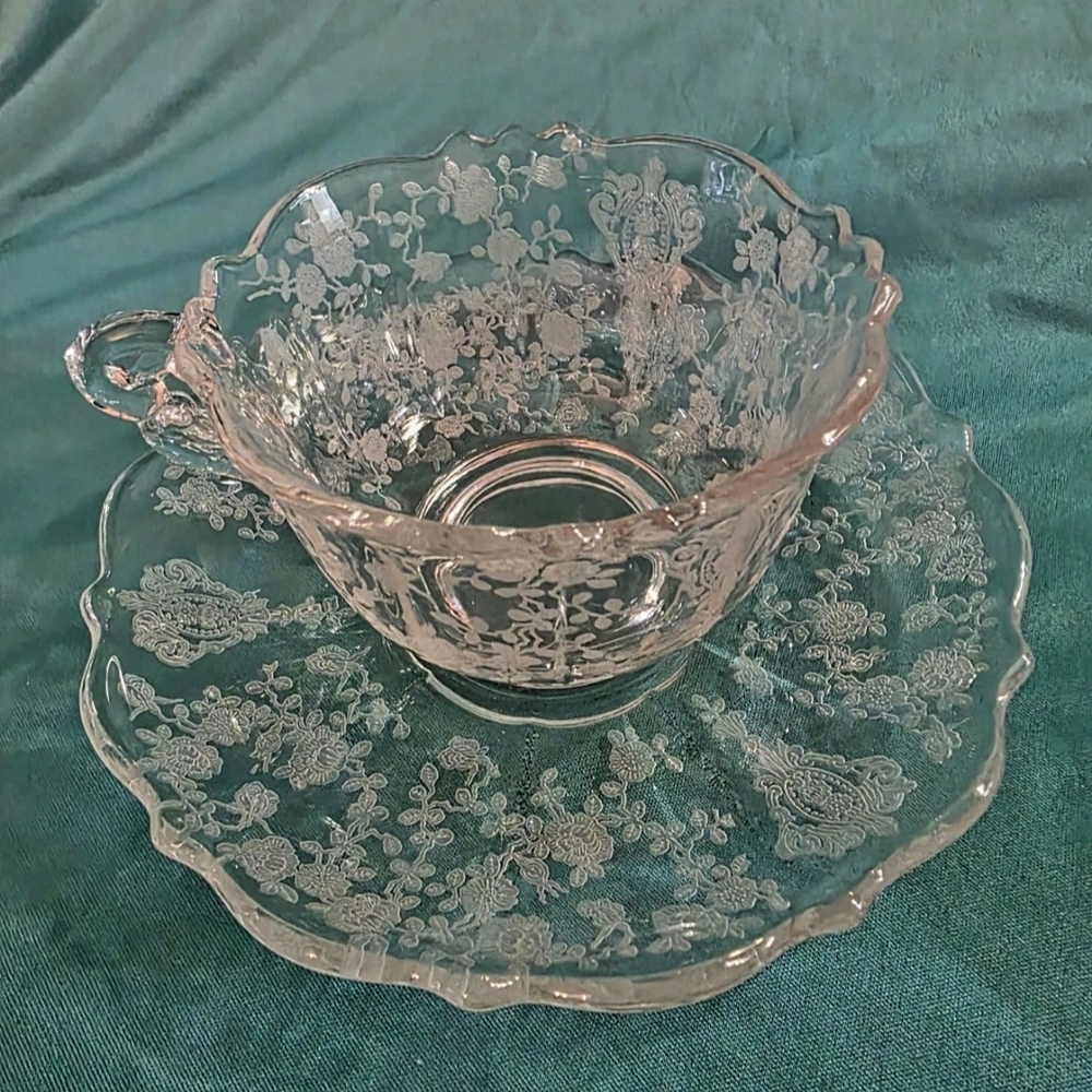 Cambridge Glass Company Rosepoint tea cup and saucer, 2 sets. UV reactive